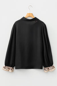 KaleaBoutique Stylish Contrast Leopard Print Patchwork Polo Collar Buttons Front Ruffled Long Sleeve Blouse - KaleaBoutique.com