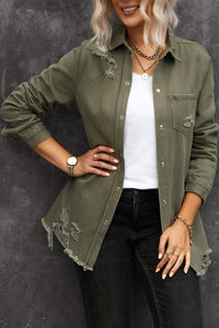 Raw Hem Distressed Denim Shirt Jacket - KaleaBoutique.com