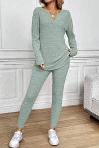 KaleaBoutique Comfortable Ribbed Notched Neck Knit Long Sleeve Leggings Two Pieces Lounge Set - KaleaBoutique.com