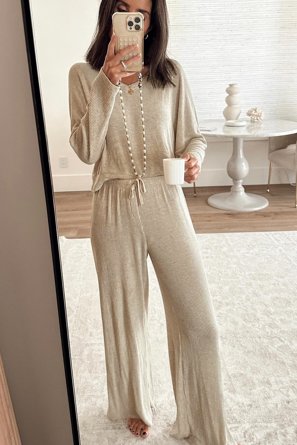 KaleaBoutique Comfortable 3D Ribbed V Neck Pullover Drawstring Pants 2 Piece Lounge Set - KaleaBoutique.com