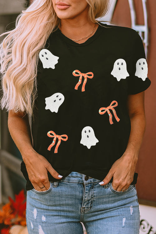 Black Sequin Bow Ghost Patched Halloween Graphic Tee - KaleaBoutique.com