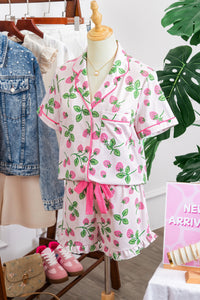 KaleaBoutique Stylish Striped Strawberry Print Lapel Shirt Drawstring Shorts 2pcs Pajama Set - KaleaBoutique.com