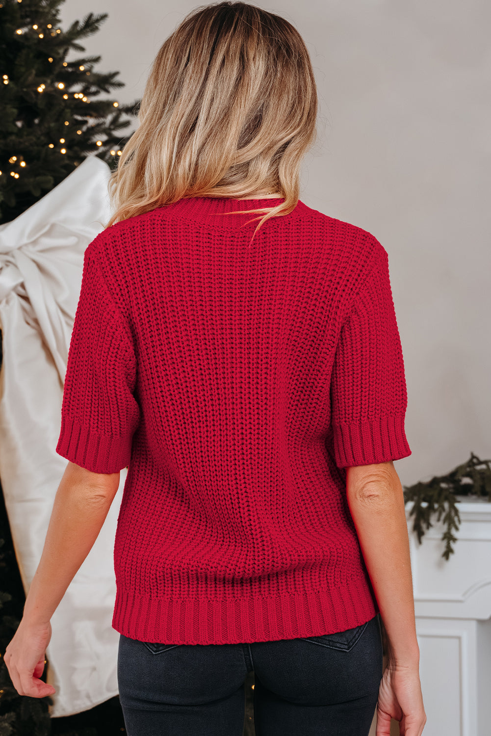 KaleaBoutique Comfortable Plaid Lace up Detail Christmas Holiday Puff Short Sleeve Sweater - KaleaBoutique.com