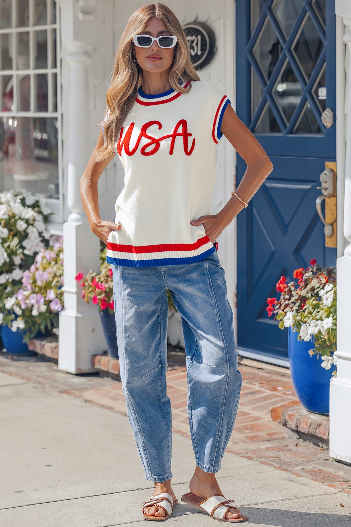 KaleaBoutique Stylish USA Contrast Striped Trim Round Neck Short Sleeve Sweater - KaleaBoutique.com
