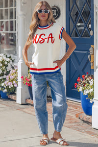 KaleaBoutique Stylish USA Contrast Striped Trim Round Neck Short Sleeve Sweater - KaleaBoutique.com