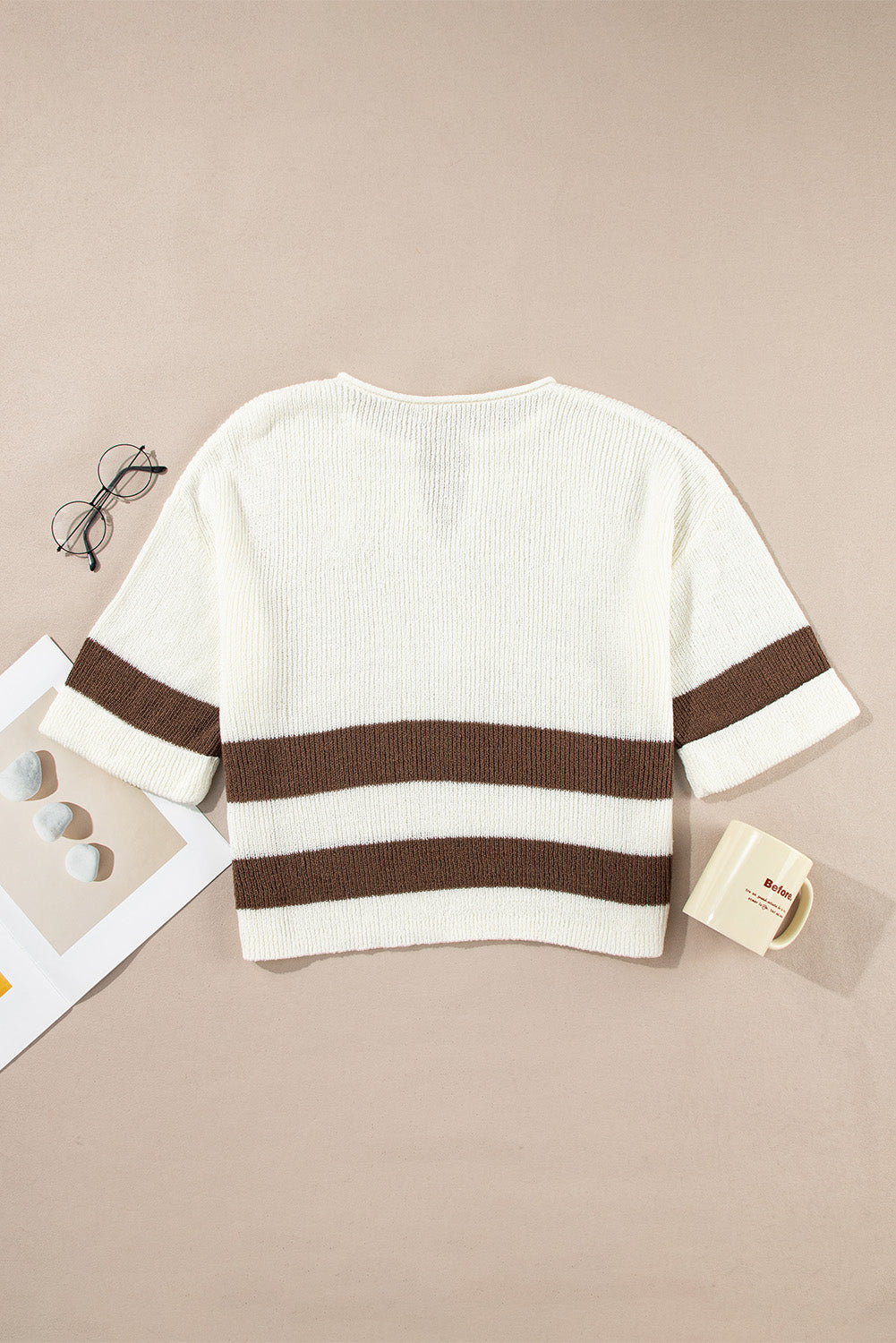 KaleaBoutique Stylish Brown Striped Accent Notched V Neck Cropped Sweater T Shirt - KaleaBoutique.com