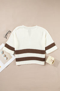 KaleaBoutique Stylish Brown Striped Accent Notched V Neck Cropped Sweater T Shirt - KaleaBoutique.com