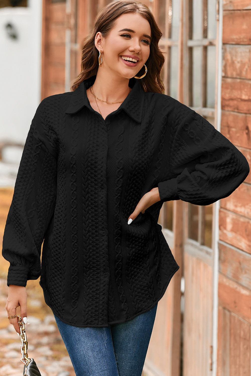 Cable Texture Puff Sleeve Loose Shacket - KaleaBoutique.com