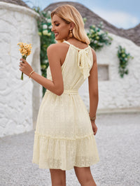 Women's Textured Halter-Neck Tie-Waist Ruffle-Hem Mini Dress - KaleaBoutique.com