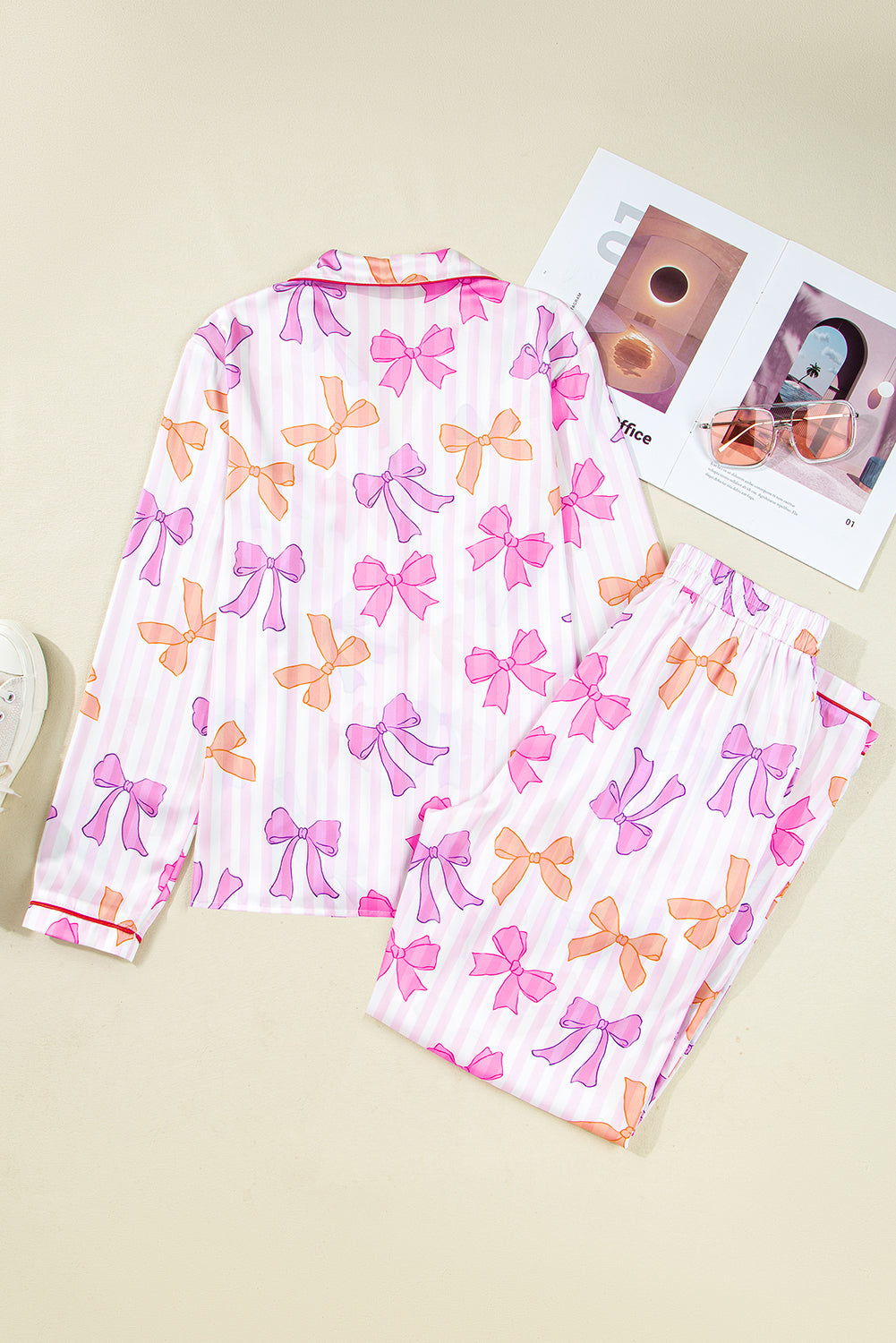 KaleaBoutique Stylish Striped Bow Print Contrast Piping Trim Shirt and Pants 2pcs Pajama Set - KaleaBoutique.com