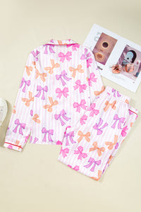 KaleaBoutique Stylish Striped Bow Print Contrast Piping Trim Shirt and Pants 2pcs Pajama Set - KaleaBoutique.com