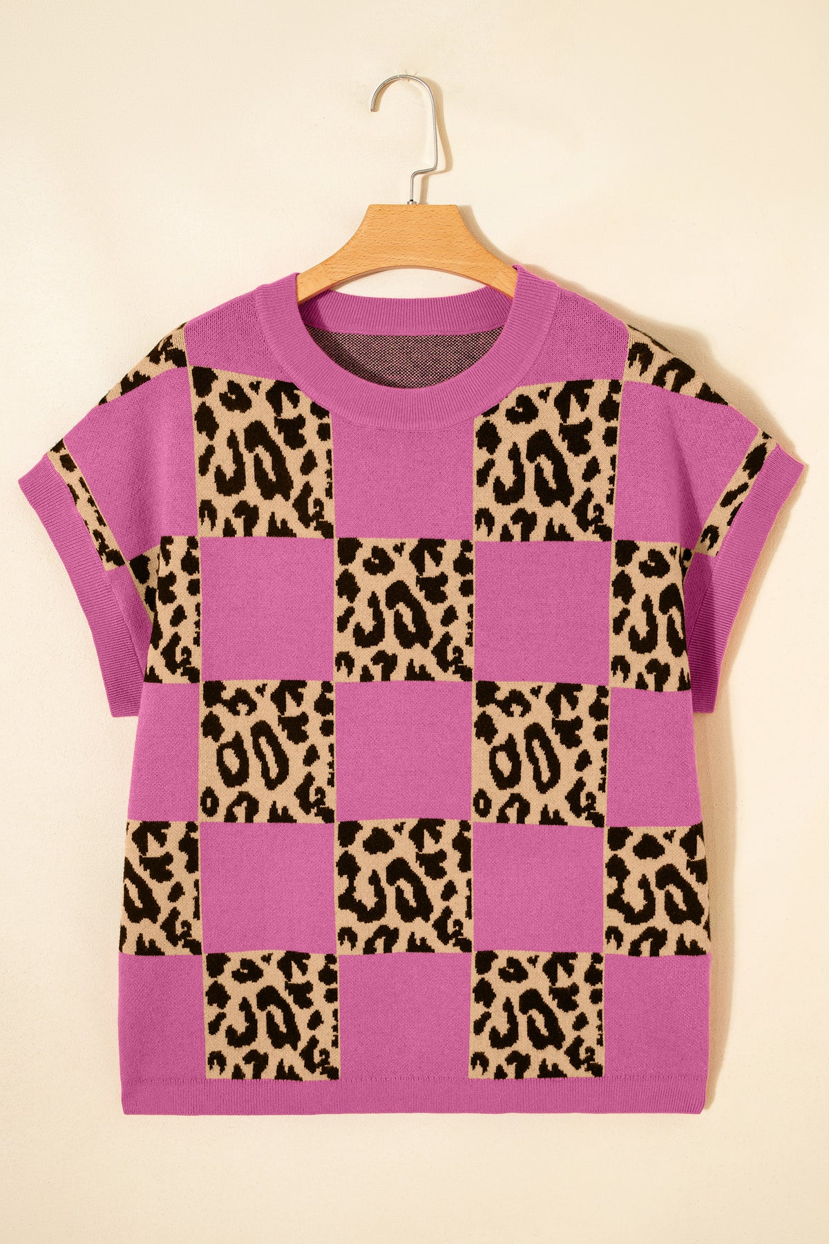 KaleaBoutique Comfortable Leopard Checkerboard Short Sleeve Knit Sweater - KaleaBoutique.com