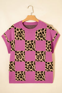 KaleaBoutique Comfortable Leopard Checkerboard Short Sleeve Knit Sweater - KaleaBoutique.com