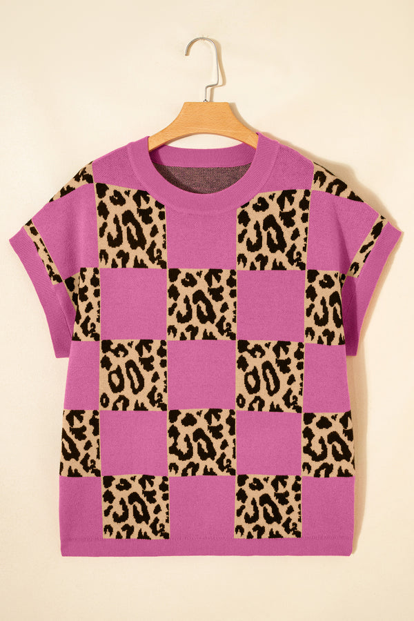 KaleaBoutique Comfortable Leopard Checkerboard Short Sleeve Knit Sweater - KaleaBoutique.com
