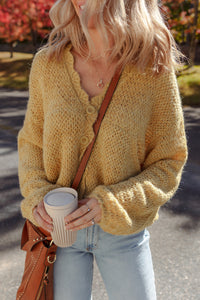 KaleaBoutique Stylish Lantern Sleeve Scallop V Neck Buttoned Front Cardigan - KaleaBoutique.com