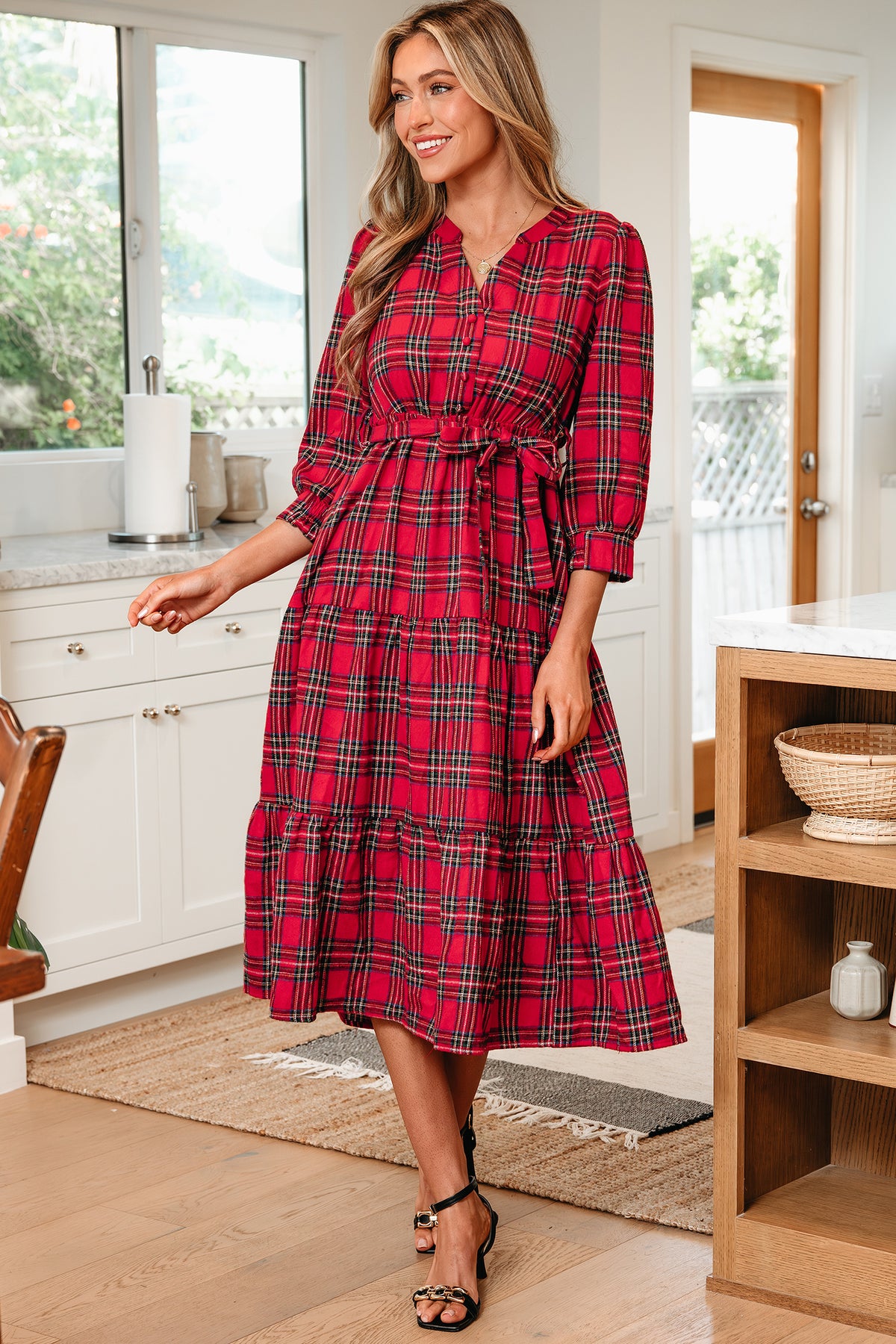 KaleaBoutique Christmas Plaid V Neck 3/4 Sleeve Tie Waist Ruffle Hem Long Dress - KaleaBoutique.com