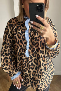 Stylish KaleaBoutique Wild Leopard Print Contrast Striped Frilled Trim Chic Shirt - KaleaBoutique.com