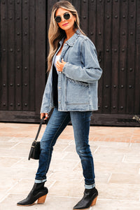 Scallop Trim Collar Patched Pocket Button Up Mineral Washed Denim Jacket - KaleaBoutique.com