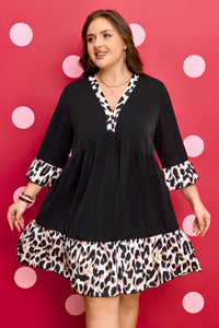 Black Plus Size Leopard Patchwork Ruffle Mini Dress - KaleaBoutique.com