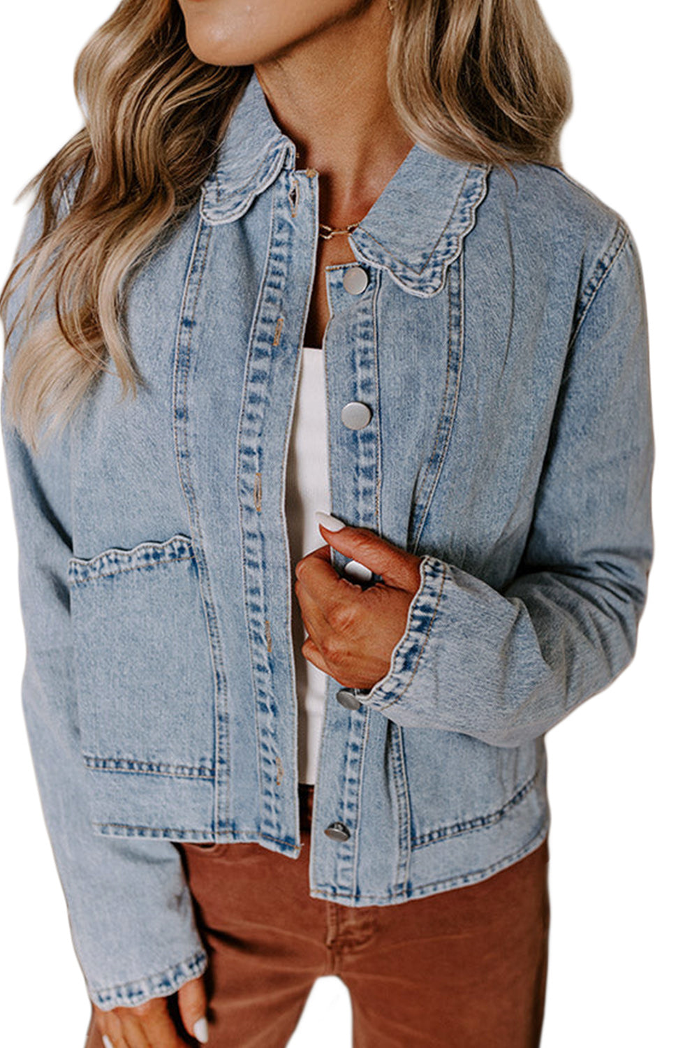 Scallop Trim Collar Patched Pocket Button Up Mineral Washed Denim Jacket - KaleaBoutique.com