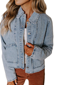 Scallop Trim Collar Patched Pocket Button Up Mineral Washed Denim Jacket - KaleaBoutique.com