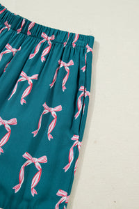 KaleaBoutique Stylish Ribbon Bow Print Silky Long Sleeve Shirt and Shorts 2pcs Pajama Set - KaleaBoutique.com