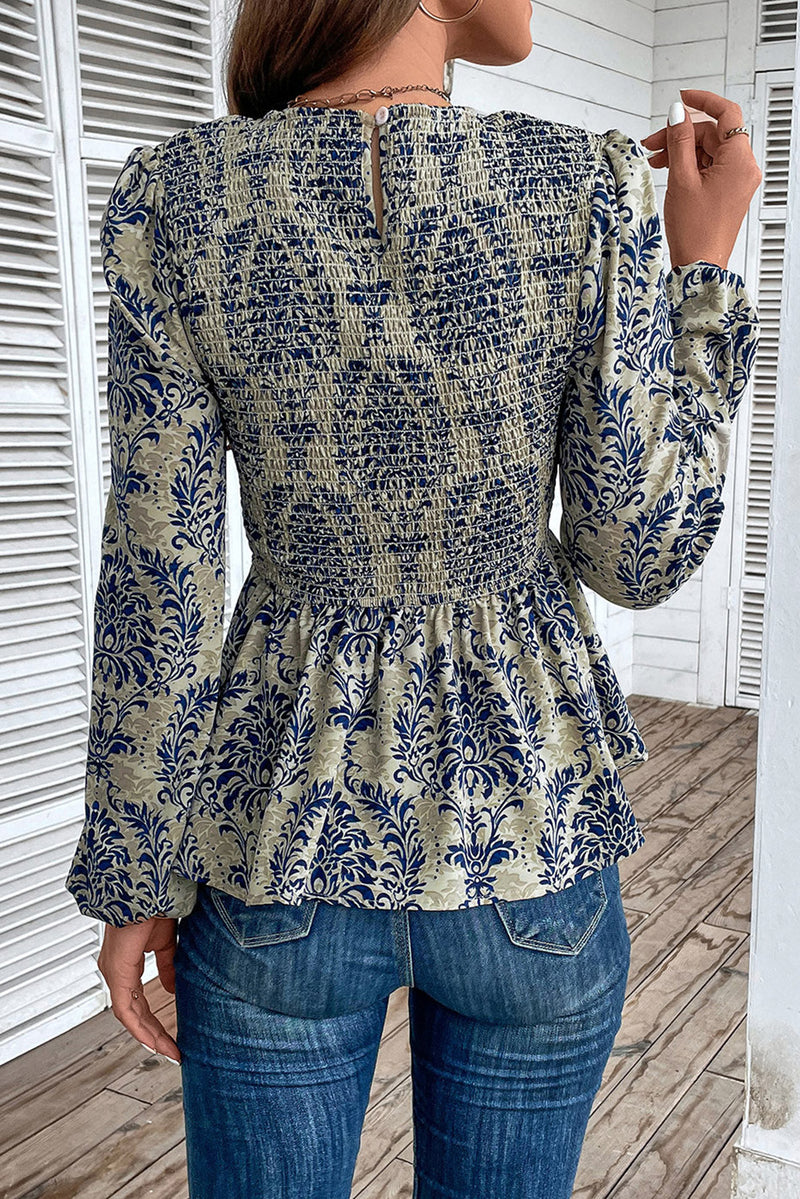 KaleaBoutique Boho Printed Balloon Sleeve Smocked Peplum Blouse - KaleaBoutique.com