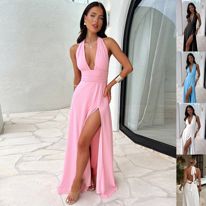 Women's Halter V-Neck Backless High-Slit Maxi Dress - KaleaBoutique.com