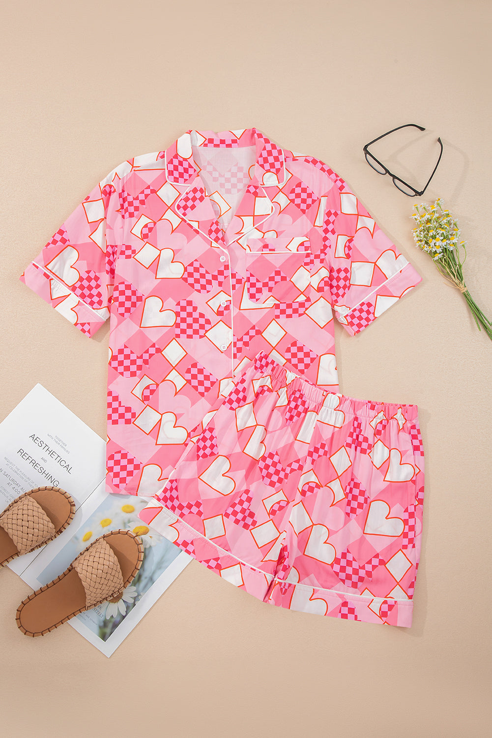 KaleaBoutique Comfortable Heart Print Shirt Style Silky Short Pajama Set - KaleaBoutique.com