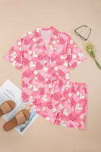 KaleaBoutique Comfortable Heart Print Shirt Style Silky Short Pajama Set - KaleaBoutique.com