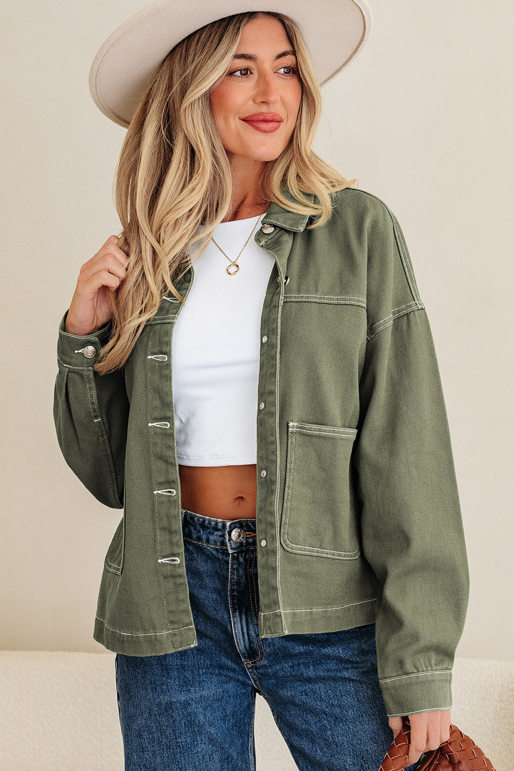 Patched Pocket Collared Button Front Boyfriend Denim Jacket - KaleaBoutique.com