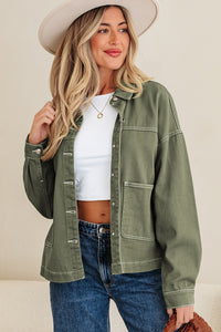 Patched Pocket Collared Button Front Boyfriend Denim Jacket - KaleaBoutique.com
