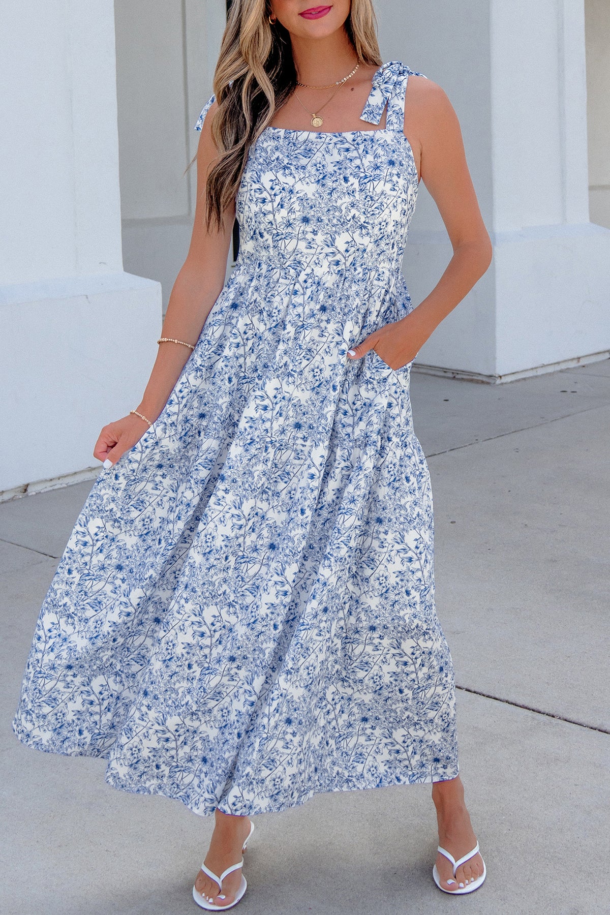 KaleaBoutique Stylish Floral Print Knot Straps High Waist Flared Maxi Dress - KaleaBoutique.com