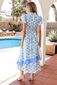 KaleaBoutique Comfortable Hydrangea Floral Print Ruffle Trim Flutter Sleeve Long Dress - KaleaBoutique.com