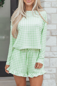 KaleaBoutique Stylish Gingham Long Sleeve Loose Top Drawstring Shorts 2pcs Lounge Set - KaleaBoutique.com