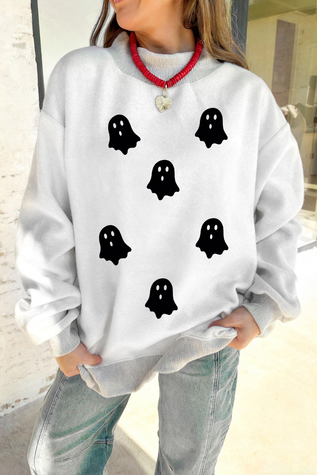 Light Grey BOO Ghost Print Reversible Mock Neck Halloween Sweatshirt - KaleaBoutique.com