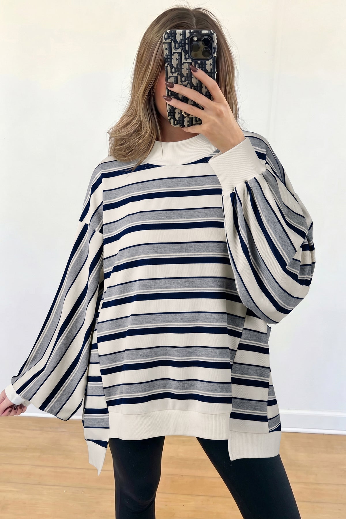 KaleaBoutique Stylish Striped Ribbed Stand Neck Long Sleeve Shift Silhouette Sweatshirt - KaleaBoutique.com