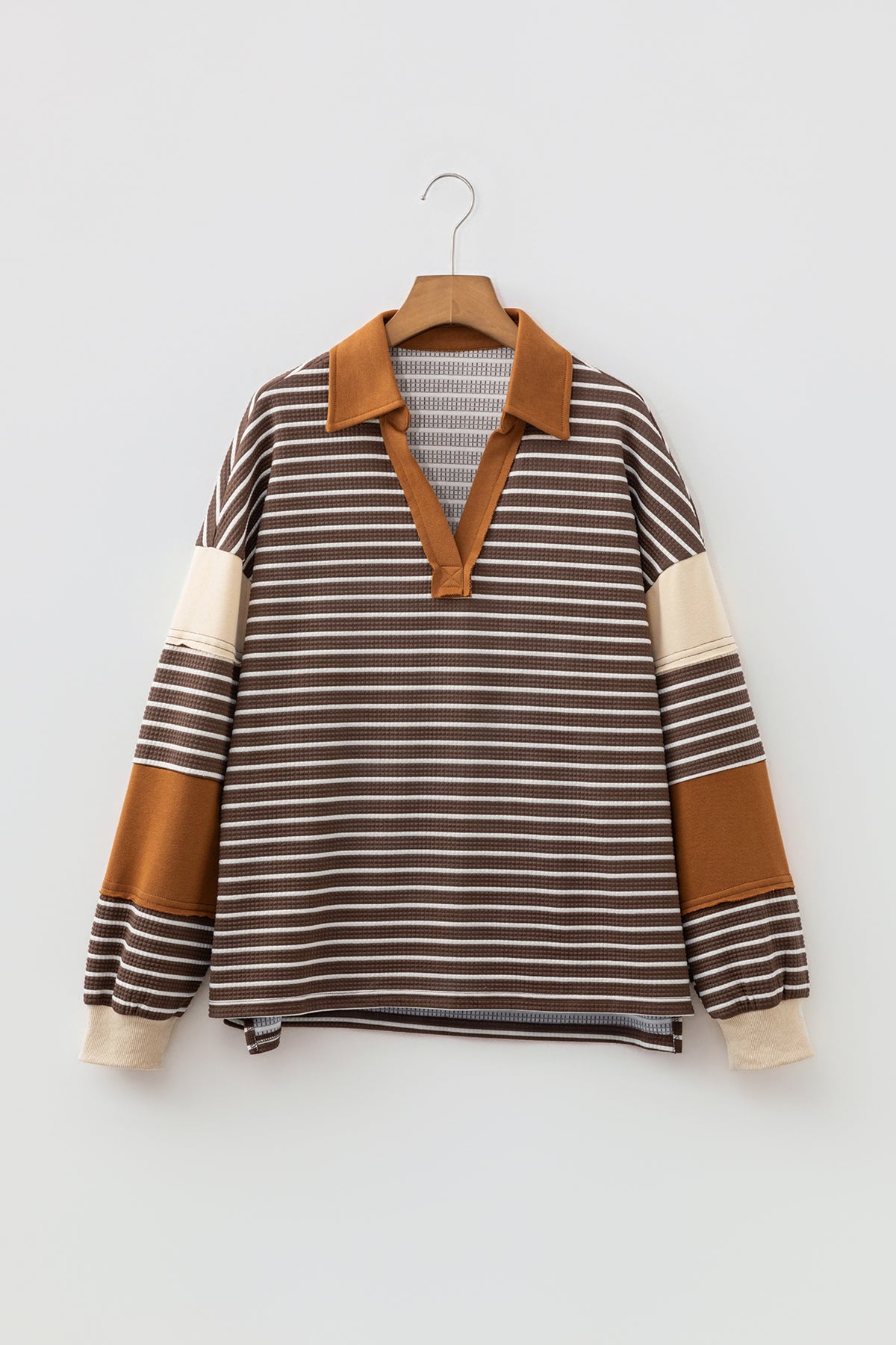 KaleaBoutique Stylish Collar V Neck Color Block Detail Long Sleeve Pullover Top - KaleaBoutique.com