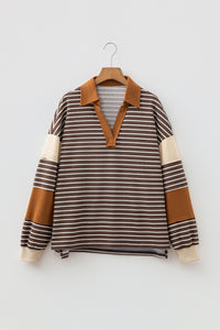 KaleaBoutique Stylish Collar V Neck Color Block Detail Long Sleeve Pullover Top - KaleaBoutique.com