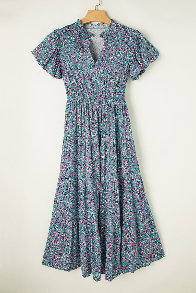KaleaBoutique Printed V Neck Shirred Short Puff Sleeve Maxi Dress - KaleaBoutique.com