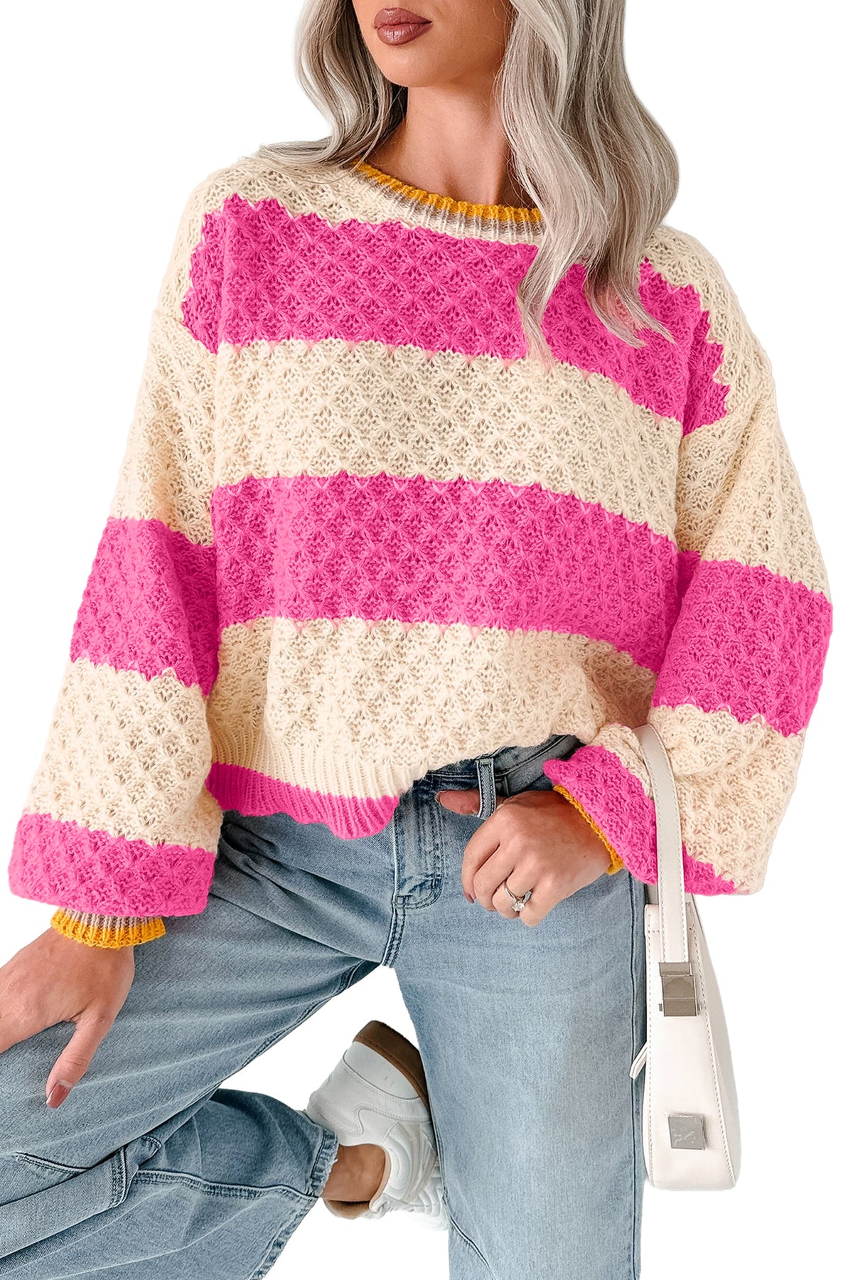 Striped Colorblock Texture Drop Shoulder Sweater - KaleaBoutique.com