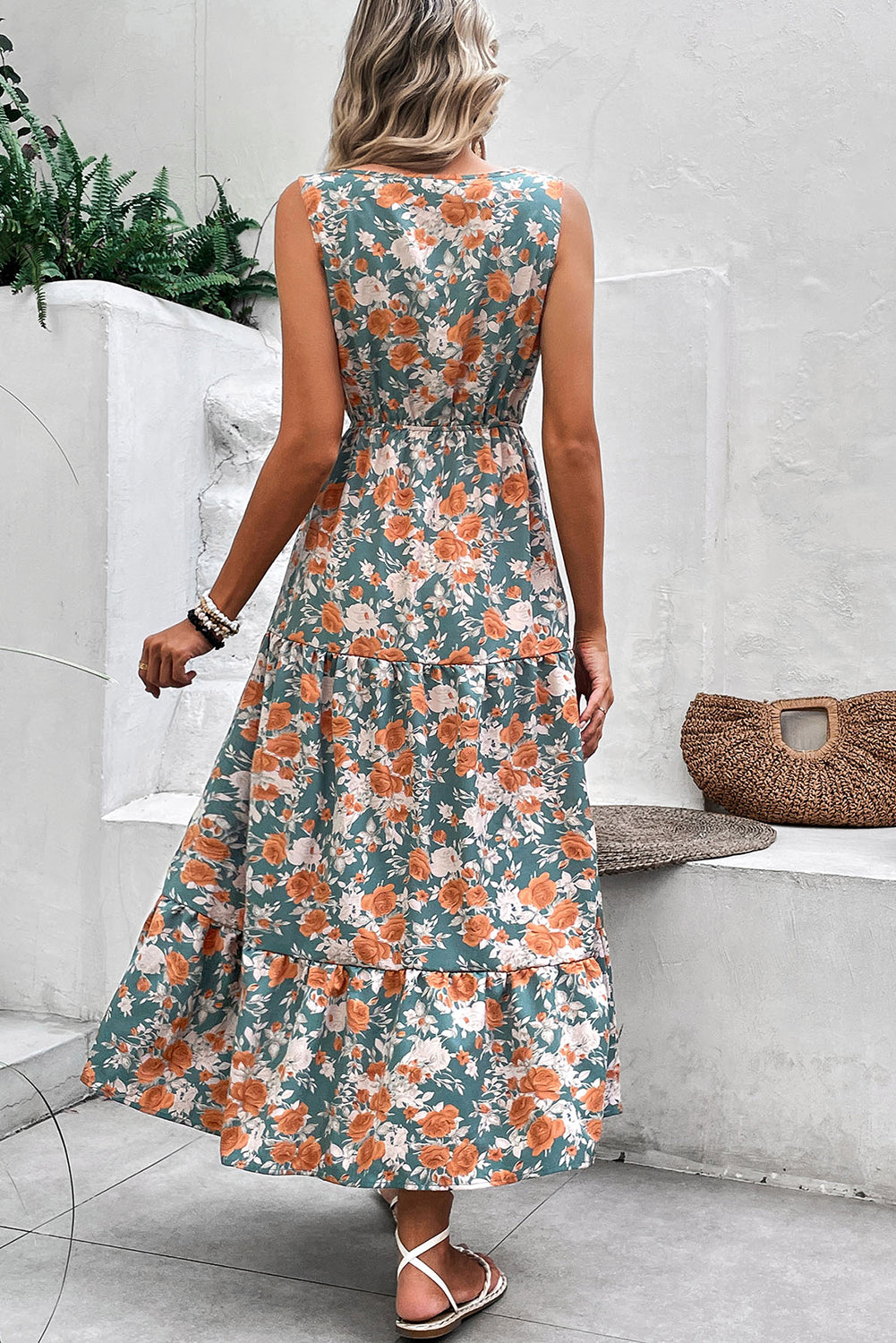 KaleaBoutique Stylish Floral Print Trimmed V Neck Tie Waist Sleeveless Holiday Long Dress - KaleaBoutique.com
