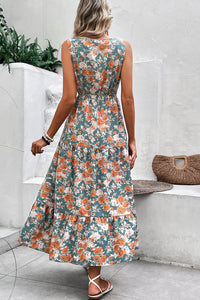 KaleaBoutique Stylish Floral Print Trimmed V Neck Tie Waist Sleeveless Holiday Long Dress - KaleaBoutique.com