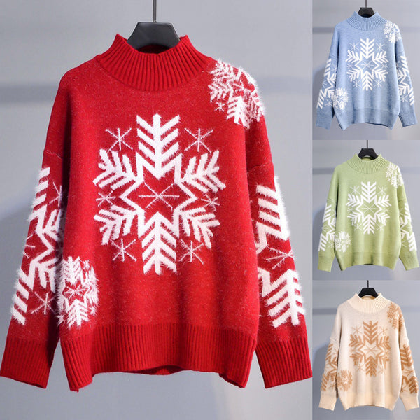 Women's Large Snowflake Oversized Mock-Neck Christmas Fuzzy Sweater - KaleaBoutique.com
