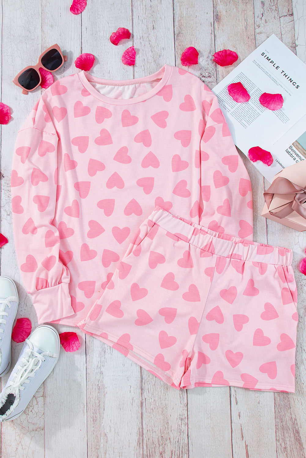 KaleaBoutique Comfortable Valentine Heart Shape Print Long Sleeve Top Shorts Lounge Set - KaleaBoutique.com