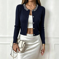 Women's Beaded Crew-Neck Cable-Pattern Cropped Cardigan - KaleaBoutique.com