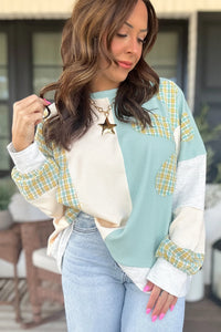 KaleaBoutique Plaid Patchwork Round Neck Long Sleeve Top - KaleaBoutique.com