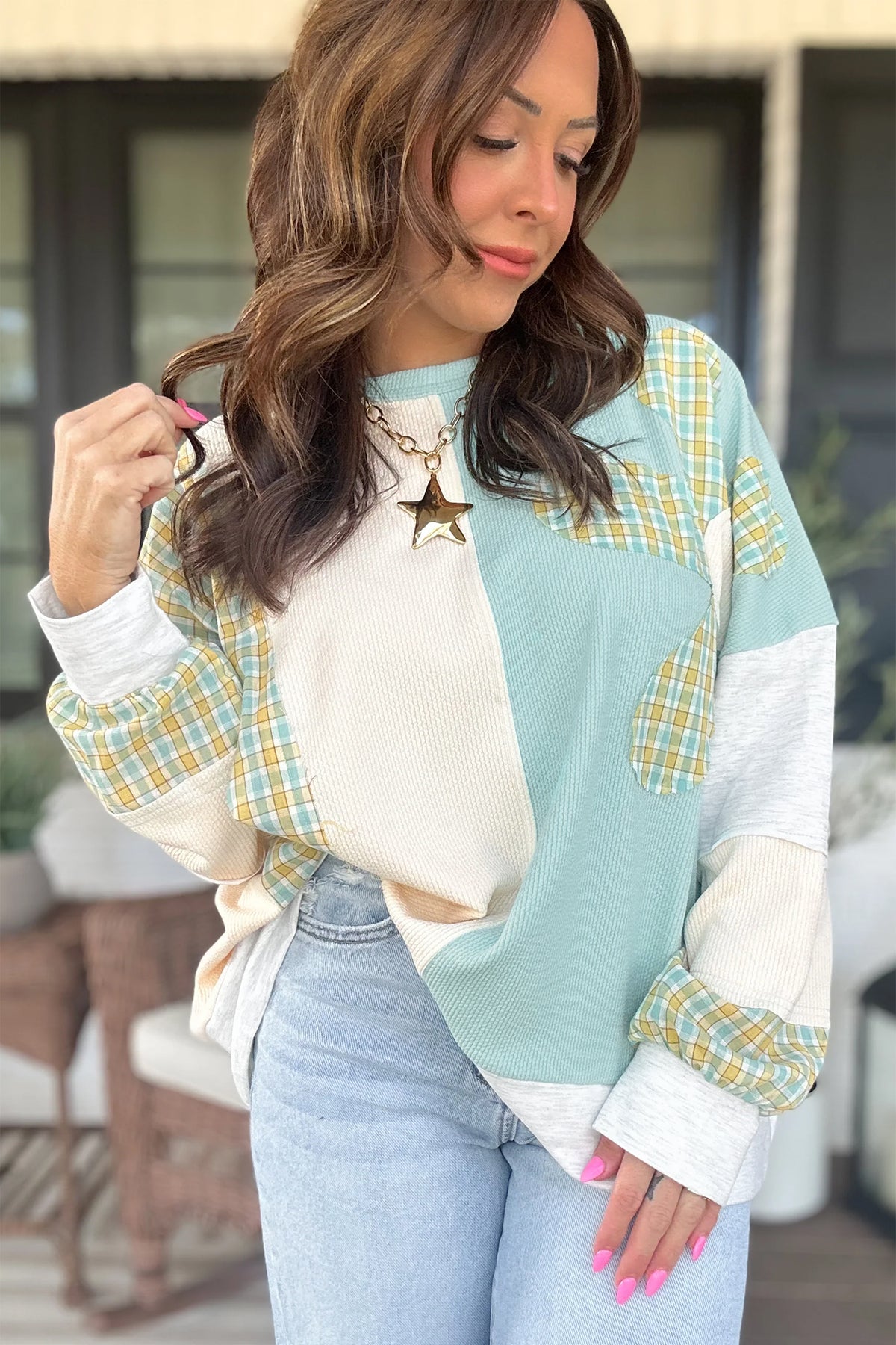 KaleaBoutique Comfortable Plaid Patchwork Round Neck Long Sleeve Top - KaleaBoutique.com
