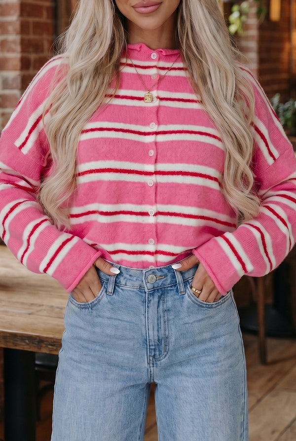KaleaBoutique Comfortable Striped Drop Shoulder Button Cardigan - KaleaBoutique.com