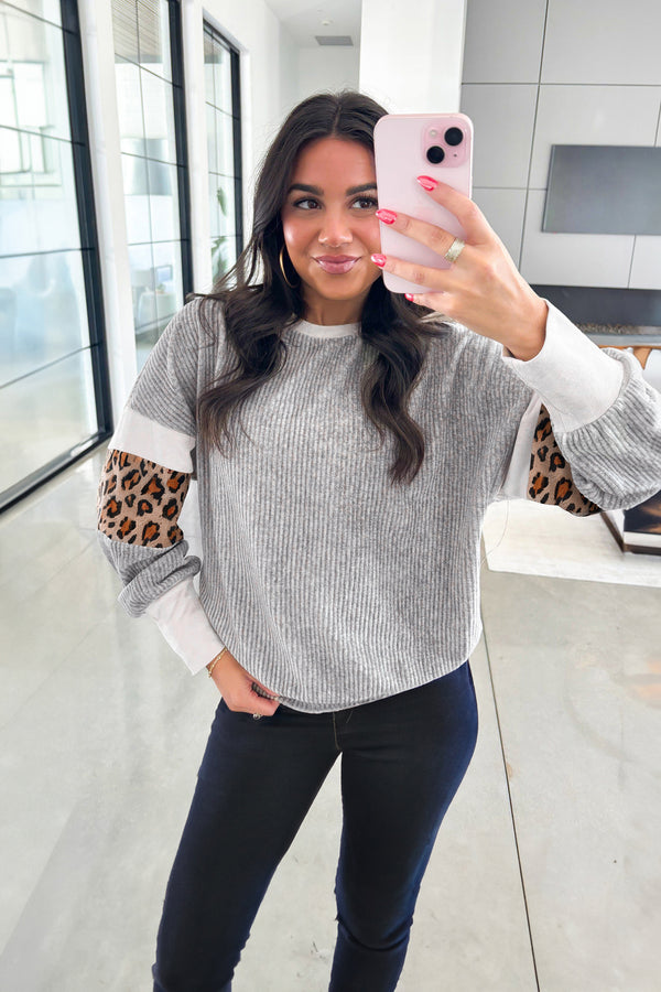 Leopard Print Colorblock Patchwork Ribbed Knit Top - KaleaBoutique.com